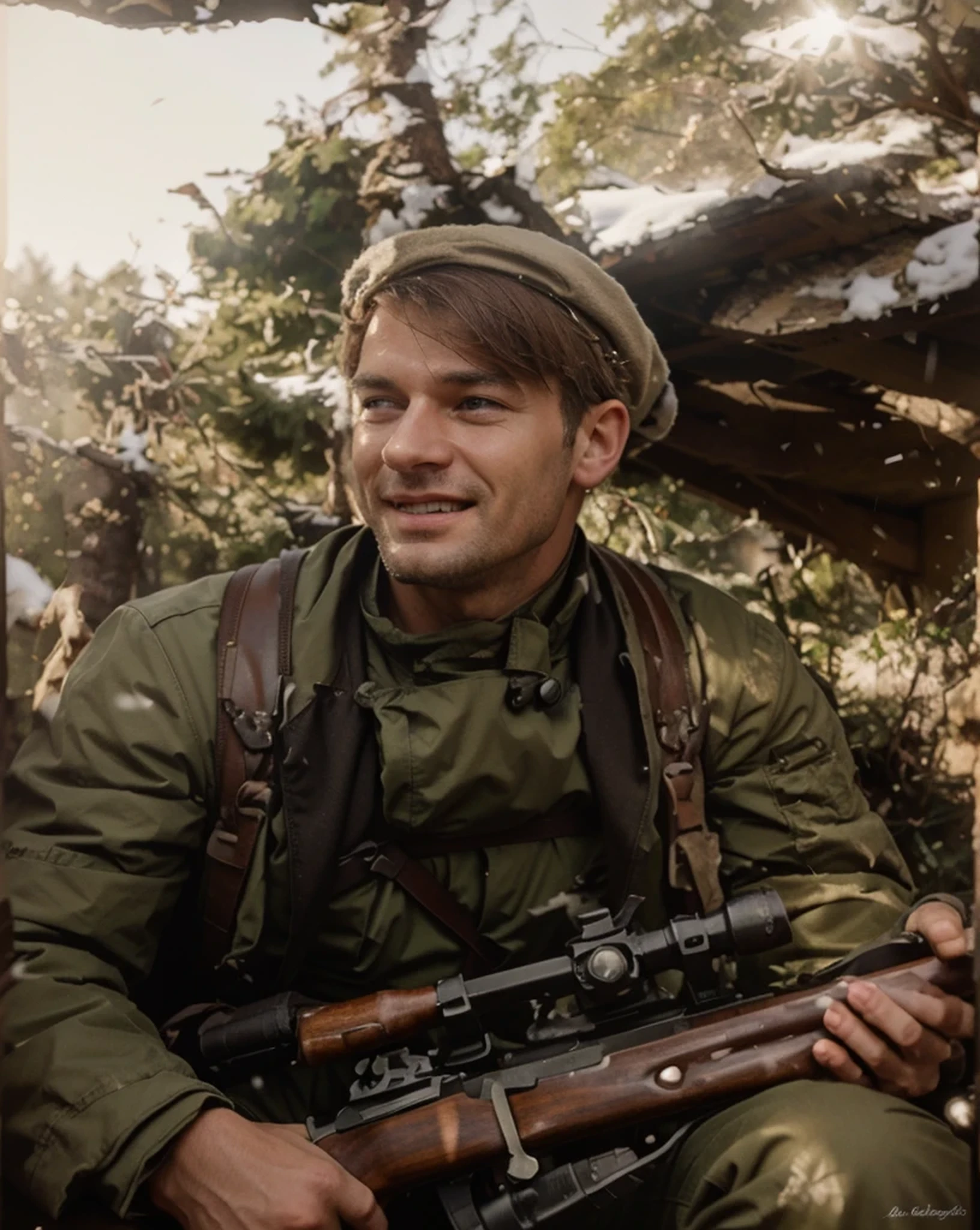 sitting sniper soldier, very masculine Russian face, happy expression, very short blonde hair, wears brown winter Soviet style uniform, military hat, holds a Soviet sniper rifle, leather straps with ammunition, is in a Finnish forest, winter, snowy wild winter forest, realistic , 4k, Ultra detailed image, realistic, Highly detailed, perfect composition, gorgeous, Intricately detailed, incredibly detailed, Art photography 8K, hyper detailed, Masterpiece, Ultra detailed, hyper realistic, 4k, Ultra detailed image, realistic, Highly detailed, perfect composition, beautiful, intricately detailed, incredibly detailed, art photography 8k, hyper detailed, masterpiece