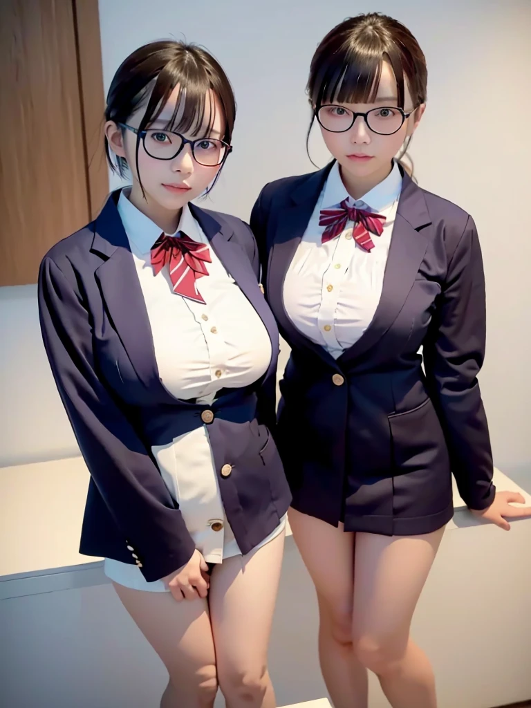 Highest quality、masterpiece、、Very detailed、Realistic、(Two Girls)、(Looking at me with a mischievous smile)、whole body、Small face、Narrow shoulders、(Big Breasts:1.4)、Thin and beautiful legs、Tight and slim waist、 uniform、(Navy blue blazer jacket)、(White shirt with buttons and collar:1.2)、(Navy blue mini skirt:1.1)、(Red bow tie)、Short Hair、(Leaning forward:1.6)、Glasses
