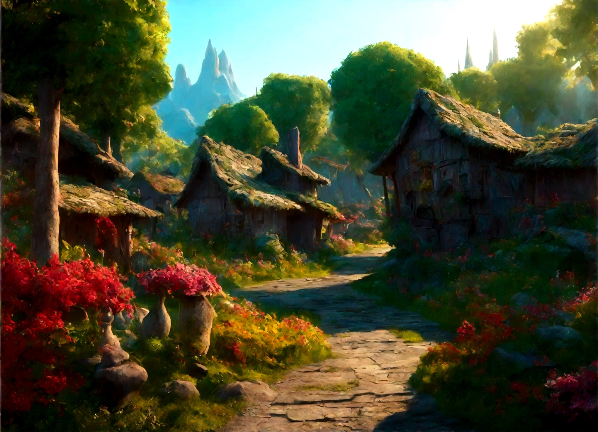A breathtaking, high-contrast cinematic 8K 3D Disney-style rendering, of a fairy-tale village nestled in a lush forest with dens , . The dens are build in the middle of ancient trees giving then fresh air and shadow. Around the dens, vegetable gardens and gardens full of multicolored flowers