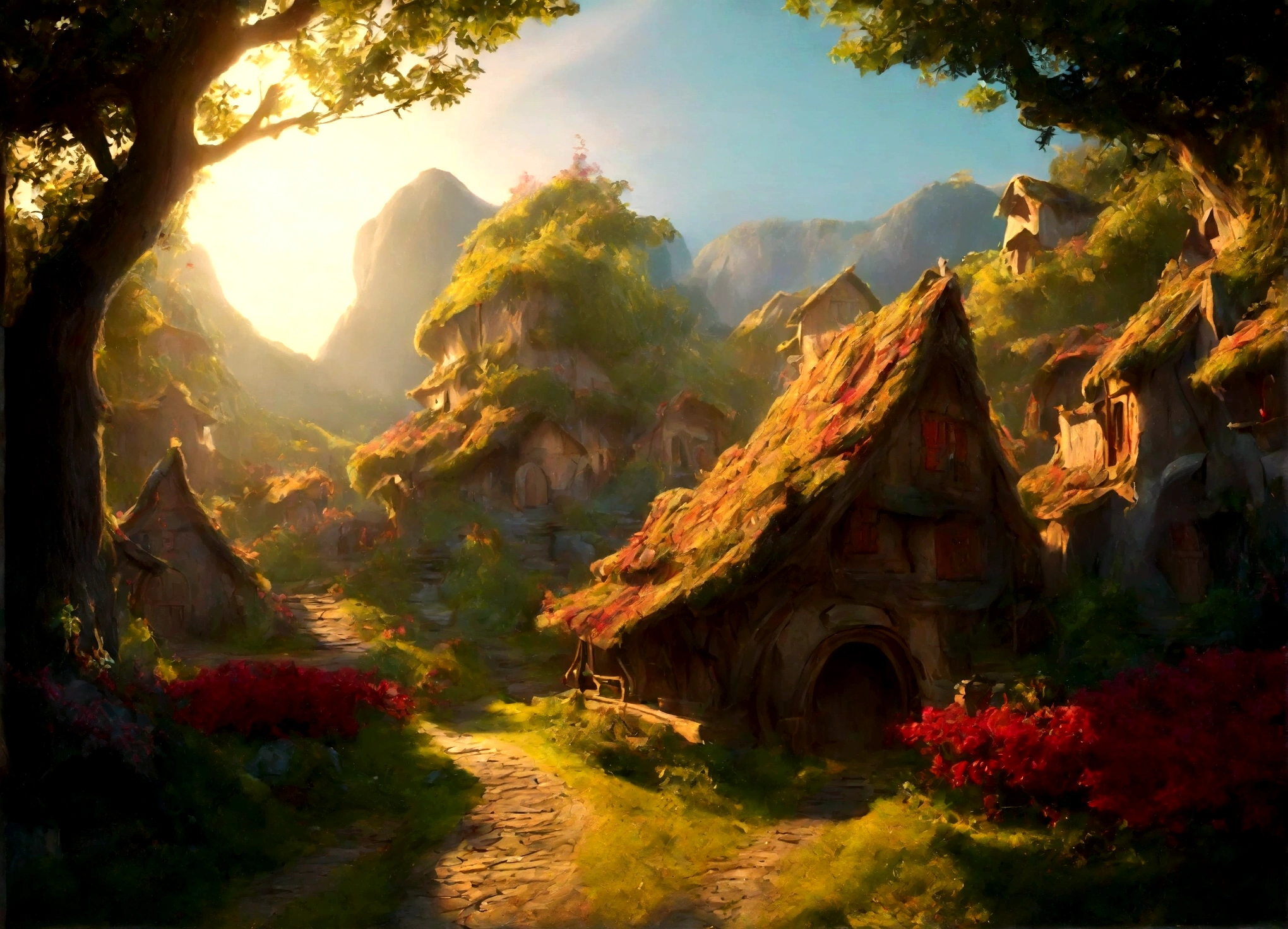 A breathtaking, high-contrast cinematic 8K 3D Disney-style rendering, of a fairy-tale village nestled in a lush forest with dens , . The dens are build in the middle of ancient trees giving then fresh air and shadow. Around the dens, vegetable gardens and gardens full of multicolored flowers