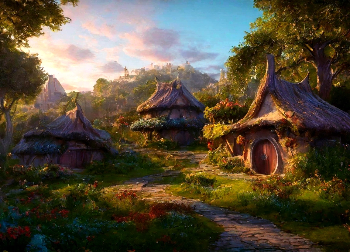 A breathtaking, high-contrast cinematic 8K 3D Disney-style rendering, of a fairy-tale village nestled in a lush forest with dens , . The dens are build in the middle of ancient trees giving then fresh air and shadow. Around the dens, vegetable gardens and gardens full of multicolored flowers