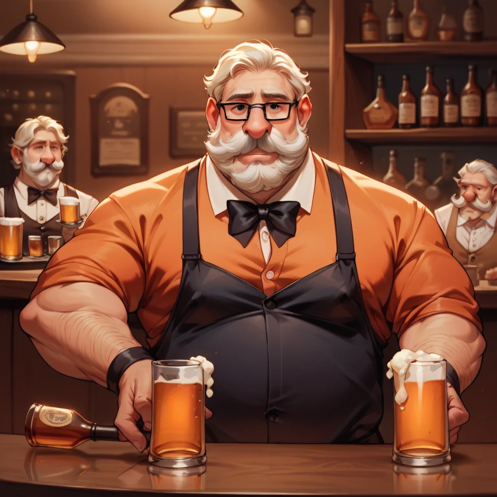 1man,Old West, Bartender, Beer, Whiskey, Liquor Shelf, Huge Mustache, Period Clothing, Old, slight, pot-bellied, Proboscis, big nose, tiny glasses 