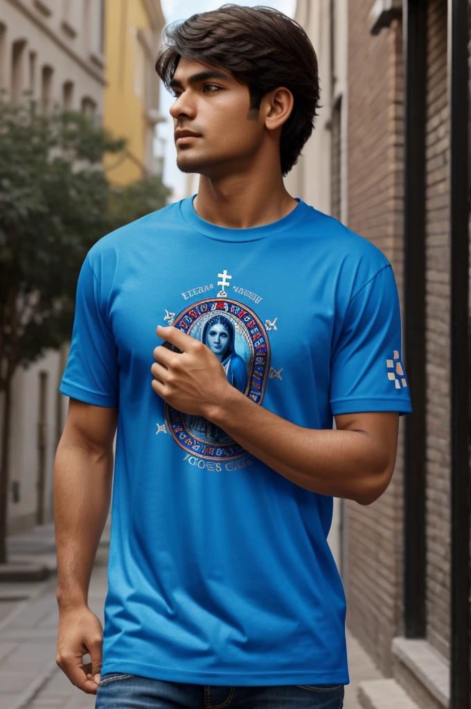 Generate the name Diego in 3D with a Virgin of Guadalupe with the blue cross t-shirt