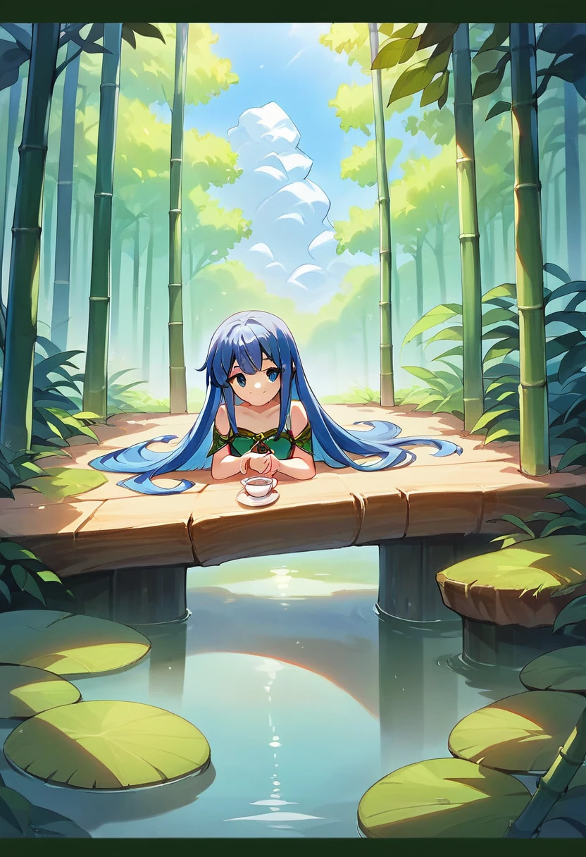 masterpiece, Highest quality, Official Art, 8k wallpaper, Very detailed, figure, 1 Girl, Sky blue hair, Long Hair, Fine grain, Forrest Gump, Bare shoulders, Hanfu, lake, Pure, A kind smile, bamboo, tea