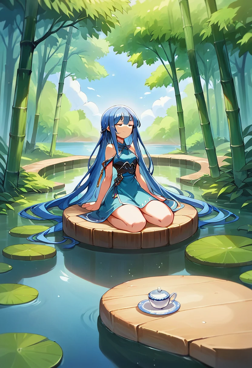 masterpiece, Highest quality, Official Art, 8k wallpaper, Very detailed, figure, 1 Girl, Sky blue hair, Long Hair, Fine grain, Forrest Gump, Bare shoulders, Hanfu, lake, Pure, A kind smile, bamboo, tea