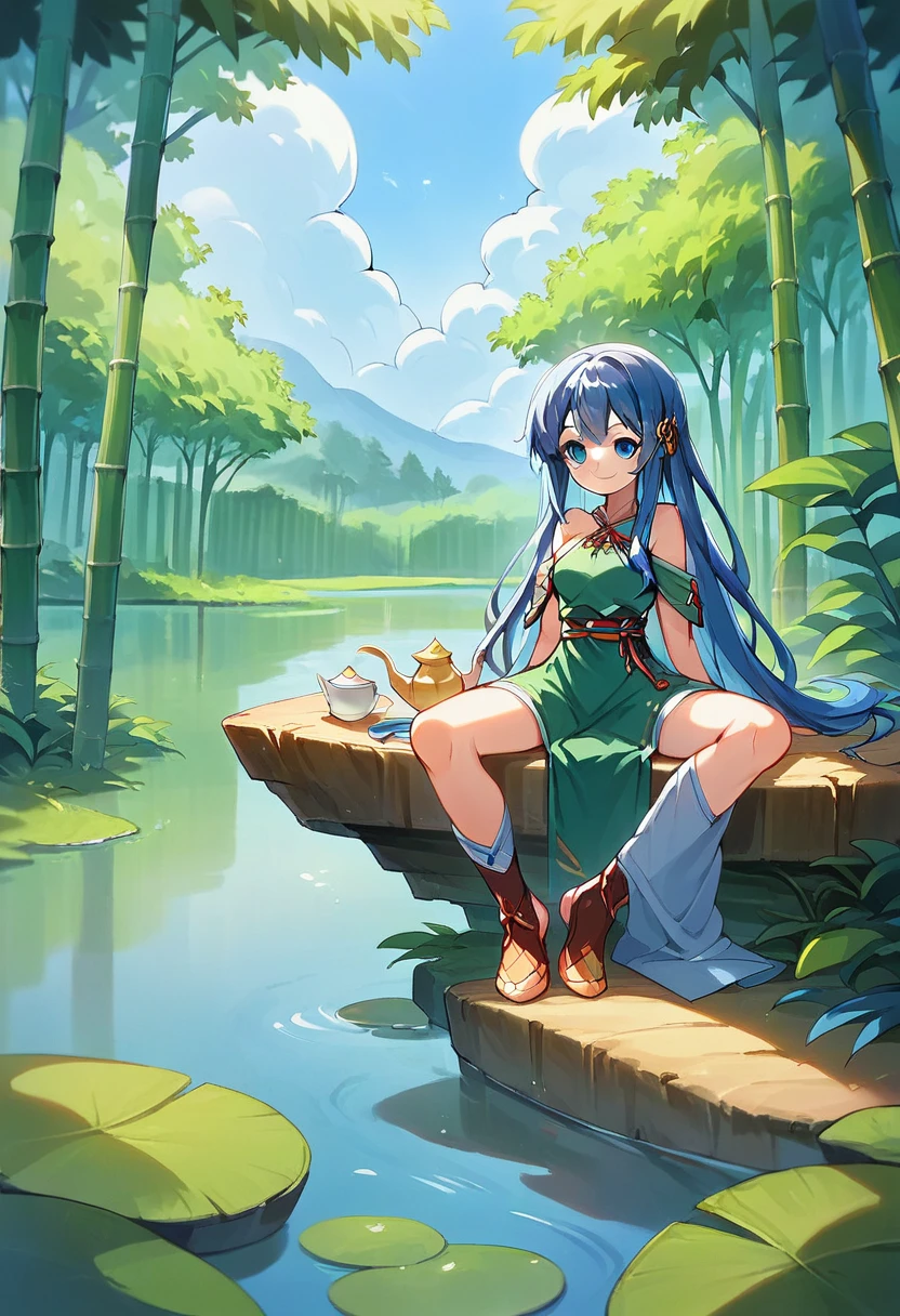 masterpiece, Highest quality, Official Art, 8k wallpaper, Very detailed, figure, 1 Girl, Sky blue hair, Long Hair, Fine grain, Forrest Gump, Bare shoulders, Hanfu, lake, Pure, A kind smile, bamboo, tea