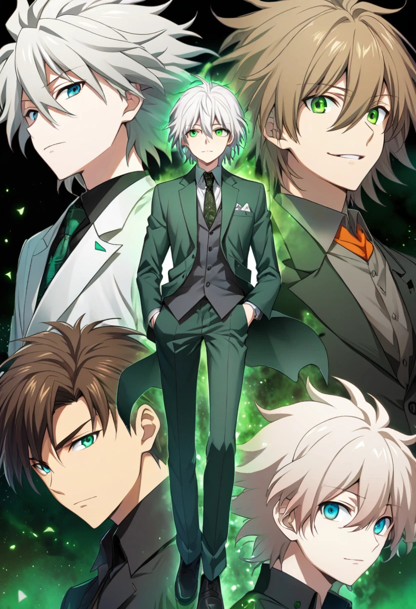 anime boy with green eyes and brown hair wearing a suit, two handsome anime men, Sirius A and Sirius B, With bright green eyes, luminous green eyes, With bright green eyes, Nagisa Kaworu, whole body, with bright eyes, green eyes and thin face, Nagito komaeda, handsome boys