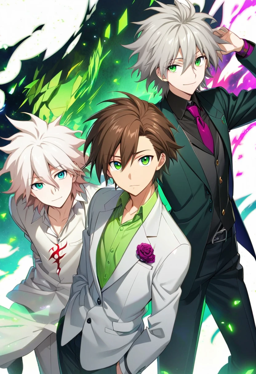 anime boy with green eyes and brown hair wearing a suit, two handsome anime men, Sirius A and Sirius B, With bright green eyes, luminous green eyes, With bright green eyes, Nagisa Kaworu, whole body, with bright eyes, green eyes and thin face, Nagito komaeda, handsome boys