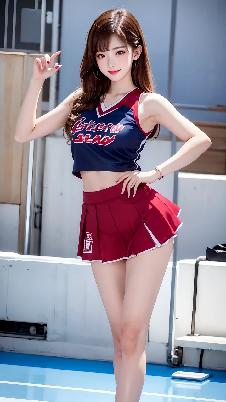 ((最high quality, 8K, masterpiece: 1.3, Ultra HD, high quality, 最high quality, High resolution, realism)) 、A very beautiful 22 year old Japanese woman、Idium Hair、Straight hair、smile、Slim but well-proportioned body、Athlete-like figure、I want to keep my head out of the screen.、Wear accessories on your wrist、Put an anklet on your ankle、Wearing red nail polish、Having a pedicure、Being a cheerleader, They dance the cheer dance、mini skirt