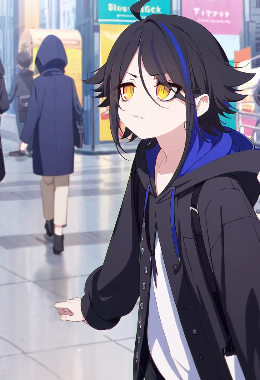 (One cute boy,(blue-purplestreaked black hair)highlights hair,Shortcuts,yellow eyes,Sharp Eye,Hooded coat)Walking in the city