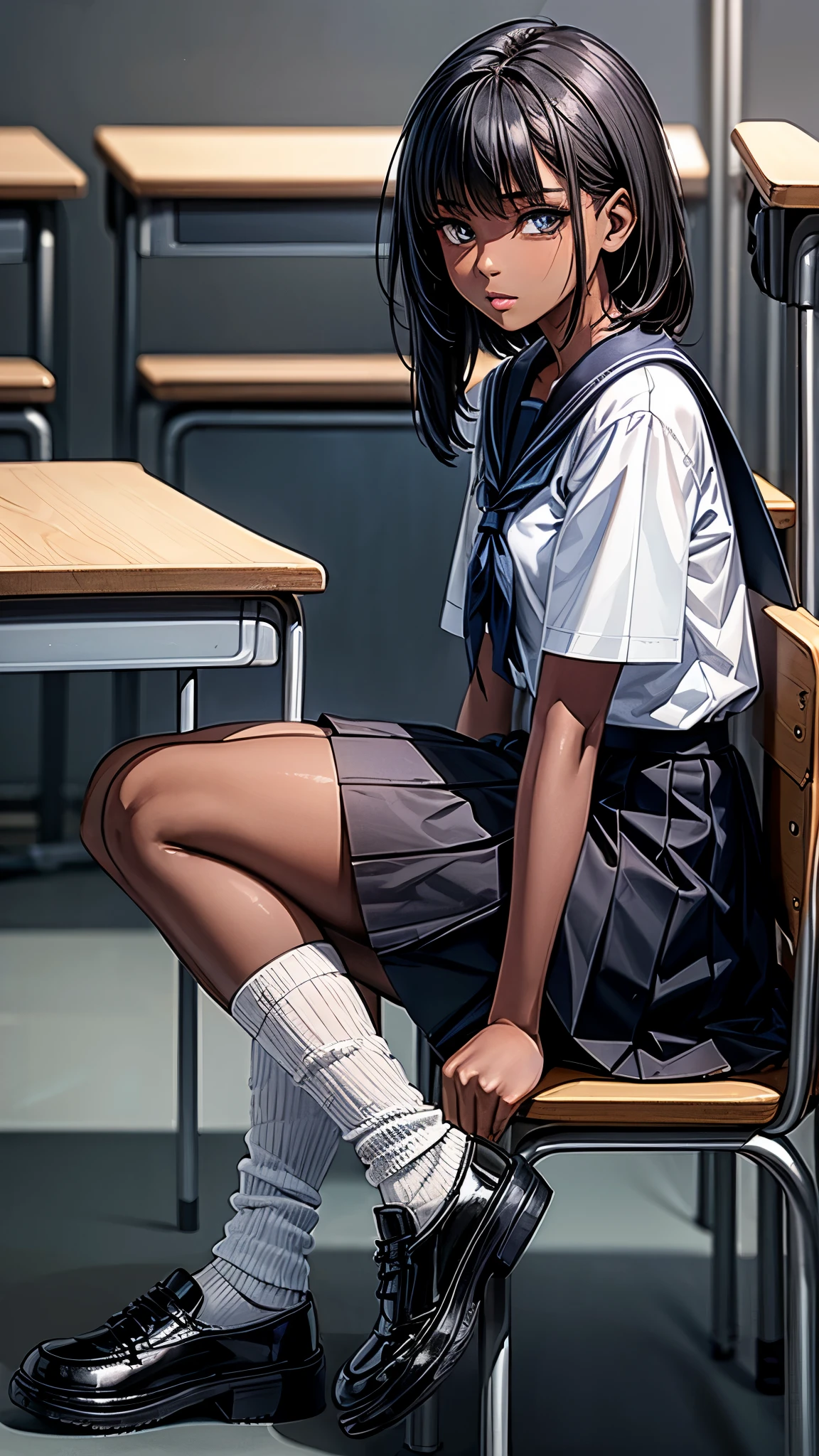 (From right side2.0),beautiful detailed eyes, beautiful detailed lips, extremely detailed eyes and face, longeyelashes, 1 girl, face close up, inside the school, inside the classroom, ************, sweat, dark skin color, (very short black hair),displeased, sulky, sailor suit, dark blue color, white shirts, short sleeve, school, dark blue skirt, black skirt, high socks, sneaker, school bag, sitting on the ground,spread legs,best quality, 4k, 8k, highres, masterpiece:1.2, ultra-detailed, realistic, photorealistic, photo-realistic:1.37, HDR, UHD, studio lighting, ultra-fine painting, sharp focus, physically-based rendering, extreme detail description, professional, vivid colors, bokeh, portraits