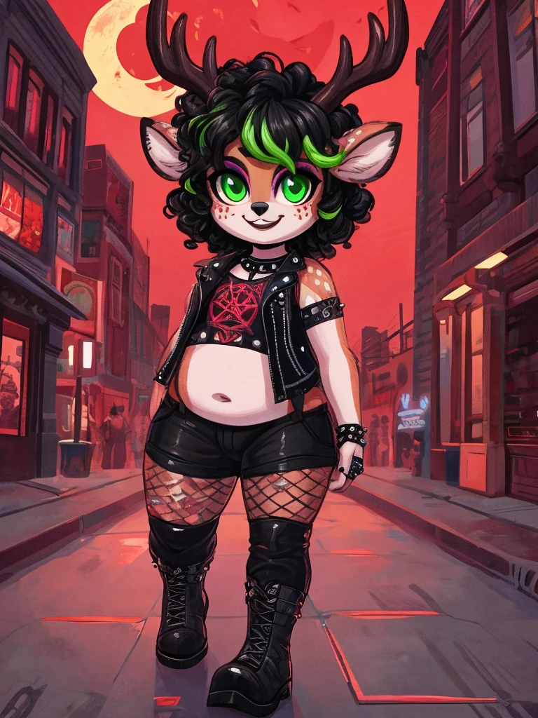 Cute, boy, male, deer boy, small deer antlers, innocent, chubby, big thighs, androgynous, femboy, curly hair, short curly hair, black hair with neon green highlights, fawn spots, freakles, ((cute)), smiling, walking in a big busting city, cute clothes, modest clothes, modern clothes, adorable, black and red color scheme, young, cartoony, adorable, deer tail, glowing neon green eyes, scary, goth clothes, punk clothes, red sky, big blood moon, demonic, pentagrams, wearing steel toe black leather boots, fishnet, punk vest, bottoms, pins, patches, goth makeup, (solo),