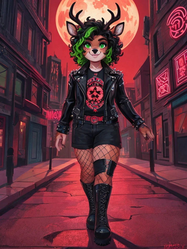 Cute, boy, male, deer boy, small deer antlers, innocent, chubby, big thighs, androgynous, femboy, curly hair, short curly hair, black hair with neon green highlights, fawn spots, freakles, ((cute)), smiling, walking in a big busting city, cute clothes, modest clothes, modern clothes, adorable, black and red color scheme, young, cartoony, adorable, deer tail, glowing neon green eyes, scary, goth clothes, punk clothes, red sky, big blood moon, demonic, pentagrams, wearing steel toe black leather boots, fishnet,  punk vest, bottoms, pins, patches, goth makeup, (solo),