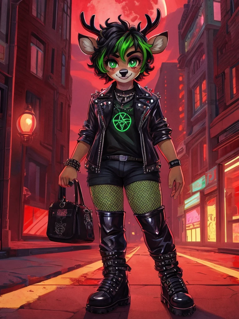 Cute, boy, male, deer boy, small deer antlers, innocent, chubby, big thighs, androgynous, femboy, curly hair, short curly hair, black hair with neon green highlights, fawn spots, freakles, ((cute)), smiling, walking in a big busting city, cute clothes, modest clothes, modern clothes, adorable, black and red color scheme, young, cartoony, adorable, deer tail, glowing neon green eyes, scary, goth clothes, punk clothes, red sky, big blood moon, demonic, pentagrams, wearing steel toe black leather boots, fishnet,  punk vest, bottoms, pins, patches, goth makeup, (solo),