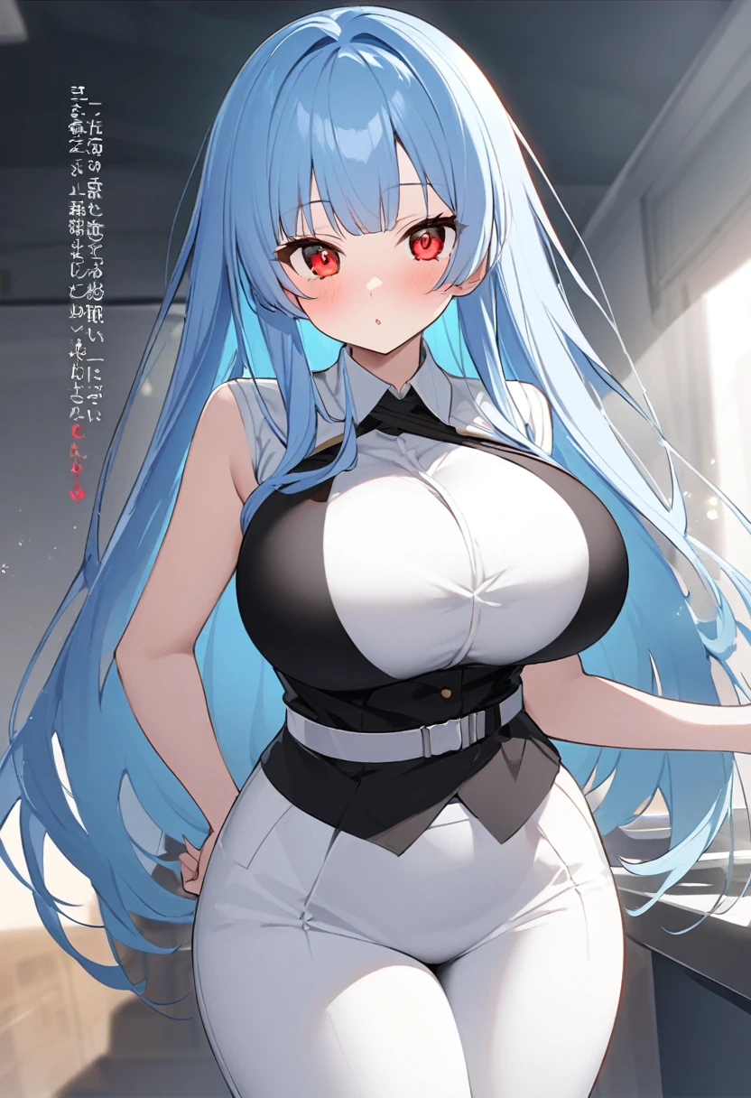 My name is Yukiko.I am a white test woman with long light blue hair,red eye color.I am 1.62 cm tall . My breasts measure 200 cm, my waist 40 cm and my hips 200 cm. With big breasts 200 cm