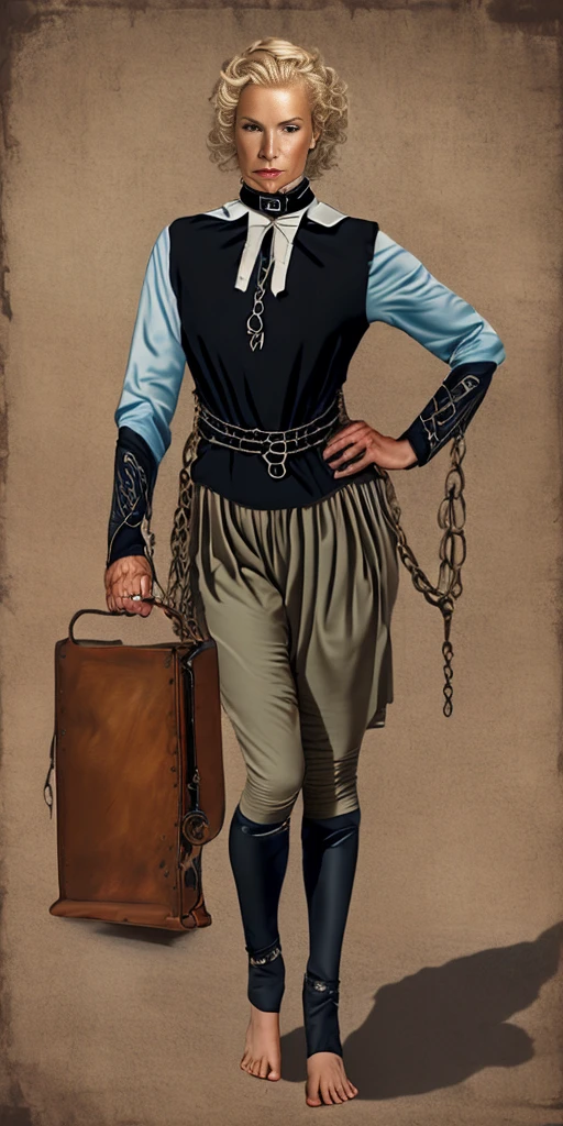 (for rest:face:lora)(long curly blonde hair) whole body, barefoot, Alone, female, big chest, linen tunic, fantasy town, armor, Handcuffs on hands with a collar around the neck, hands on the hips, slave ((black choker, leg and arm shackles))