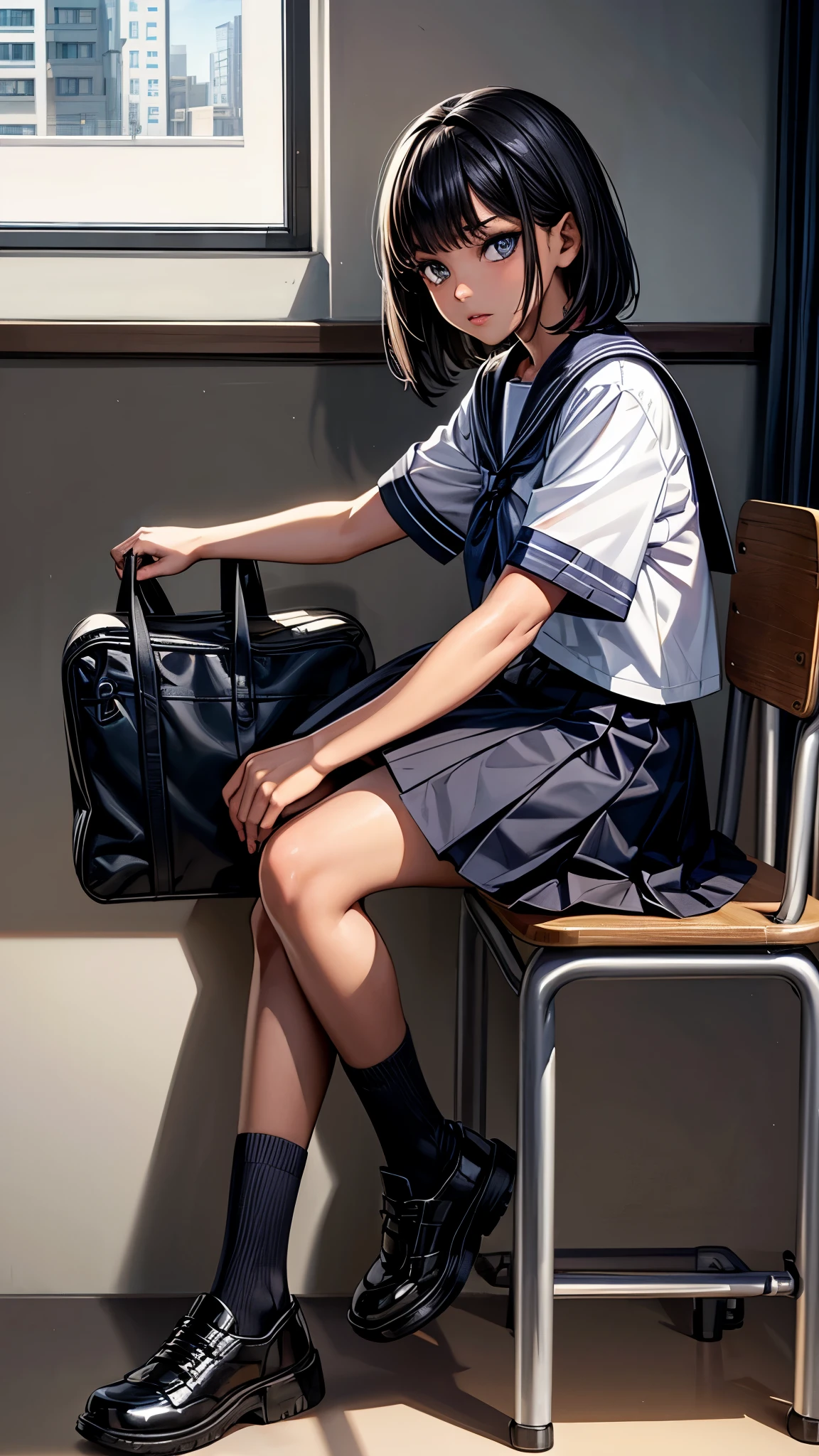 (From right side2.0),beautiful detailed eyes, beautiful detailed lips, extremely detailed eyes and face, longeyelashes, 1 girl, face close up, inside the school, inside the classroom, ************, sweat, dark skin color, (very short black hair),displeased, sulky, sailor suit, dark blue color, white shirts, short sleeve, school, dark blue skirt, black skirt, high socks, sneaker, school bag, sitting on the ground,spread legs,best quality, 4k, 8k, highres, masterpiece:1.2, ultra-detailed, realistic, photorealistic, photo-realistic:1.37, HDR, UHD, studio lighting, ultra-fine painting, sharp focus, physically-based rendering, extreme detail description, professional, vivid colors, bokeh, portraits