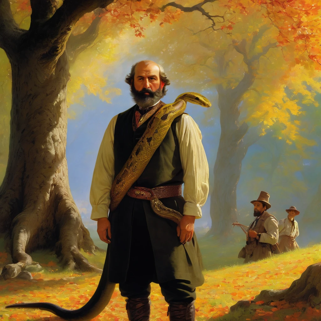 Georgian nationality, Georgian Middle-aged man in traditional outfit, with serious face, looking forward, under giant oak tree, man Bound by snake, man holding snake head, Autumn, leaf on ground, art by Albert Bierstadt, artistic, cinematic, very detailed, bright color, superior quality, intricate detail, highly worthy, rich light, beautiful romantic atmosphere, glowing