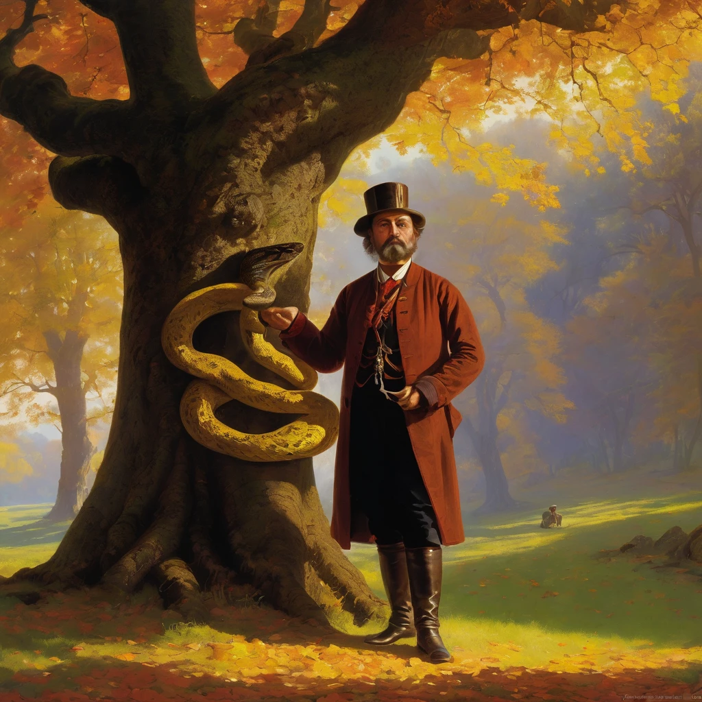 Georgian nationality, Georgian Middle-aged man in traditional outfit, with serious face, looking forward, under giant oak tree, man Bound by snake, man holding snake head, Autumn, leaf on ground, art by Albert Bierstadt, artistic, cinematic, very detailed, bright color, superior quality, intricate detail, highly worthy, rich light, beautiful romantic atmosphere, glowing