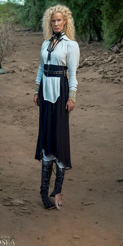 (for rest:face:lora)(long curly blonde hair) whole body, barefoot, Alone, female, big chest, linen tunic, fantasy town, armor, Handcuffs on hands with a collar around the neck, hands on the hips, slave ((black choker, leg and arm shackles))