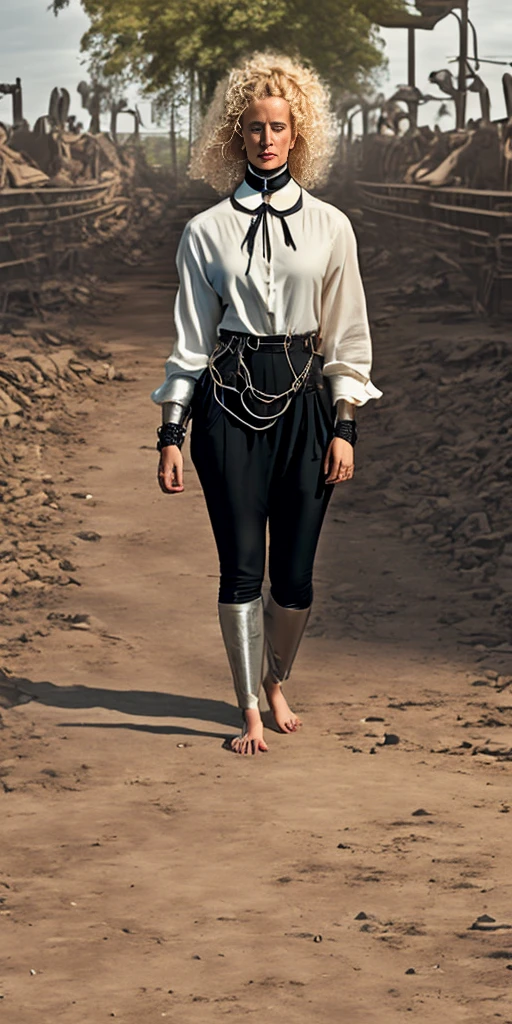 (for rest:face:lora)(long curly blonde hair) whole body, barefoot, Alone, female, big chest, linen tunic, fantasy town, armor, Handcuffs on hands with a collar around the neck, hands on the hips, slave ((black choker, leg and arm shackles))
