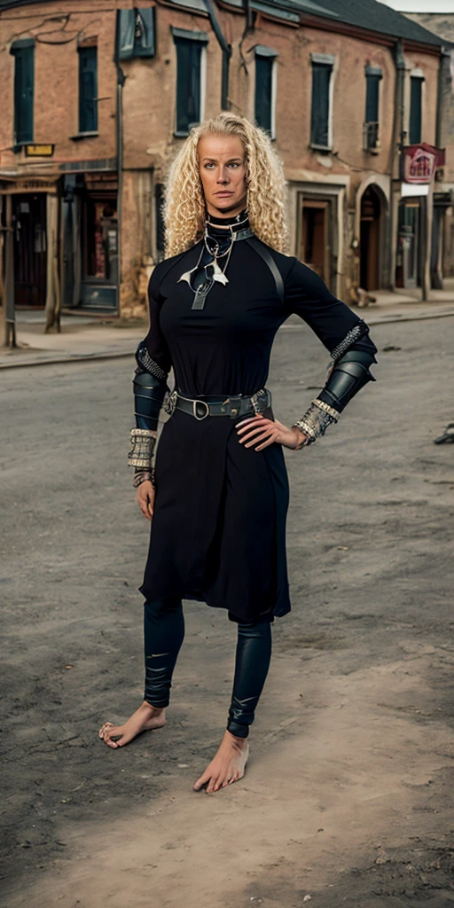 (for rest:face:lora)(long curly blonde hair) whole body, barefoot, Alone, female, big chest, linen tunic, fantasy town, armor, Handcuffs on hands with a collar around the neck, hands on the hips, slave ((black choker, leg and arm shackles))
