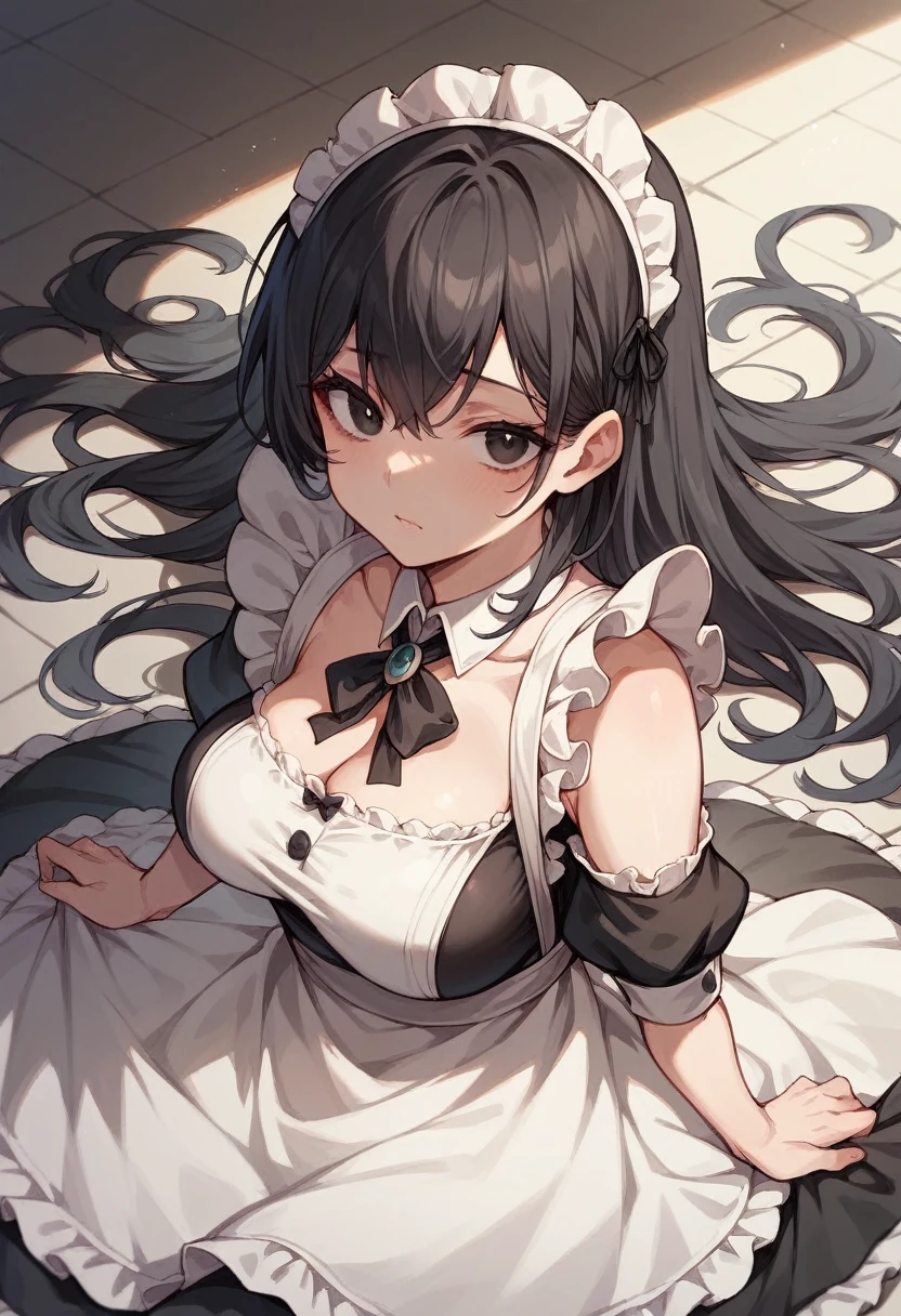 A girl with black hair which reaches the floor and beautiful face with crude black eyes and in maid dress