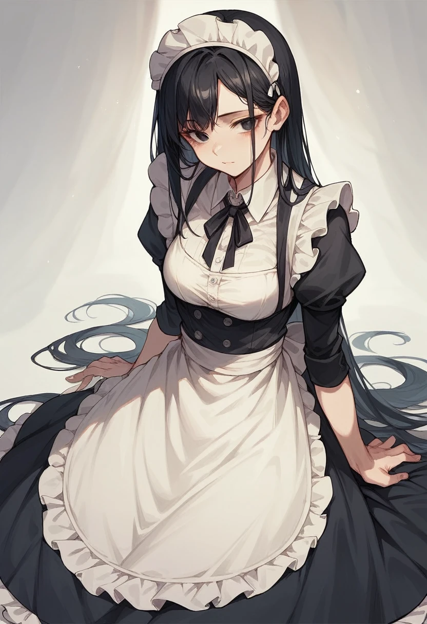 A girl with black hair which reaches the floor and beautiful face with crude black eyes and in maid dress