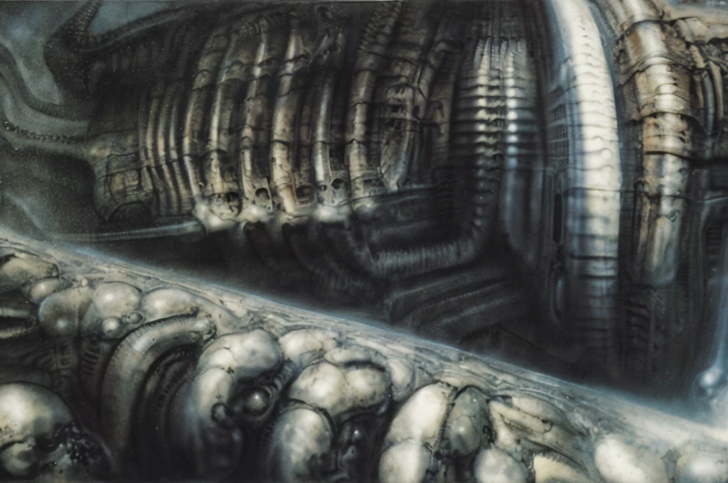 The image is a detailed view of H.R. Giger's biomechanical tableau \" Landscape XVI \" plate, featuring.
(airbrush painting, Giger's alien in front of broken alien ship in landscape, natural light, sharp focus, illustration, highly detailed, digital painting, concept art, matte, art by gric and kozhanov and moebius and Alphonse Mucha, masterpiece, HDR ,UHD , uplight, in HRGigerArhP style);1.
surrealistic painting of a monster with multiple tentacles and a body that looks like a brain, surrounded by a chaotic scene of swirling clouds and other monsters
It's a complex network of bones and organs in eldritch color scheme:a greenish-brown hue ,swirling gery and brown colors. The artwork is silverish and green brown, with an ivory bones prominently displayed. The image is highly detailed and intricate, almost like a 3d version of a medical sketchwork.
The piece is a tableau, most likely created with a India ink pen or pencil on paper, determined by the thin lines, shading techniques, and the texture of the paper, which is visible around the edges.
Used is pen, given the shading and variations in line weight visible in the image. Artist have used a variety of stylus with different degrees of hardness to achieve the shading effects.
The use of undersaturated green-grays dark contrasts creates a stark and graphic look. Is used a variety of linework techniques to create different textures. Fine, parallel lines create a smooth, metallic texture,while thicker, more cursive lines suggest cables or wires.
Light source from the top highlights skeletals, pper part of foreground, lower part of image is in shadowupper part of foreground, lower part of image is in shadow.
The art performance showcases the artist’s skills in observation and rendering. The level of detail in the piece suggests a close study of real bone specimens and mechanics. The artist has skillfully used shading techniques to create a convincing illusion of three-dimensionality on a flat surface. The wrinkles
