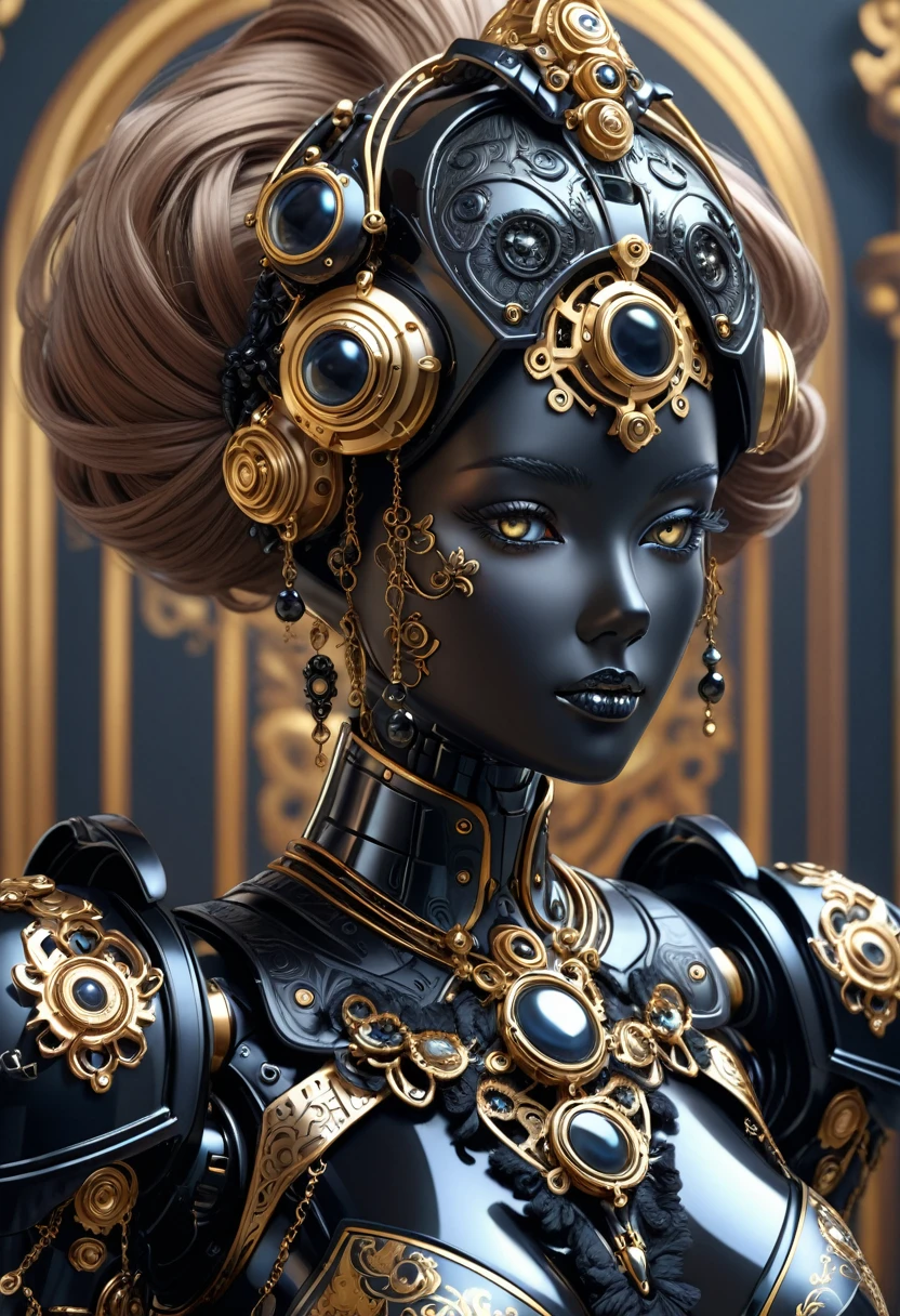 A steam punk style obsidian robot with a human like obsidian face. female figure. Wearing wig of spun obsidian. Ultra HD, Rococo-Inspired Fantasy Art With Intricate Details. (8K High Resolution) (top-quality)