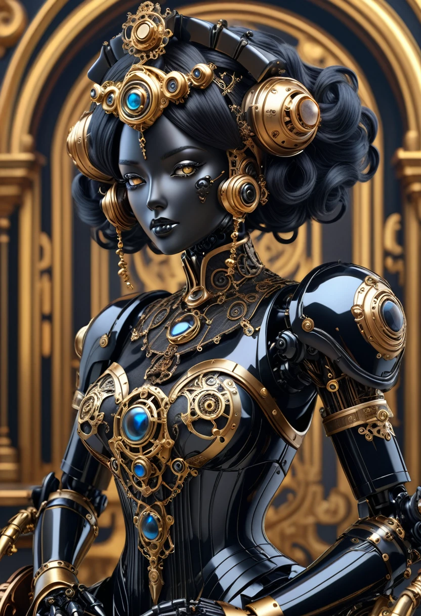 A steam punk style obsidian robot with a human like obsidian face. female figure. Wearing wig of spun obsidian. Ultra HD, Rococo-Inspired Fantasy Art With Intricate Details. (8K High Resolution) (top-quality)

