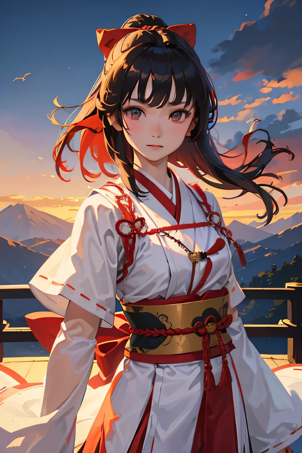 masterpiece, Highest quality,One girl, red bow, bow, Long Hair, hair bow, Ainu clothing, alone, hair band, bird, Black Hair, fingerless gloves, Short sleeve, gloves, sash, pants, bangs, red hair band, arms, chest, Brown eyes, white pants, kimono, Confused, A light smile, Official Art, Good composition, Official pose, detailed Portraiture, Portraiture, Bokeh, Clouds and mountains background, warrior, onmyoji style, High resolution, Dramatic lighting and shadows, Solar flare, Blurred foreground