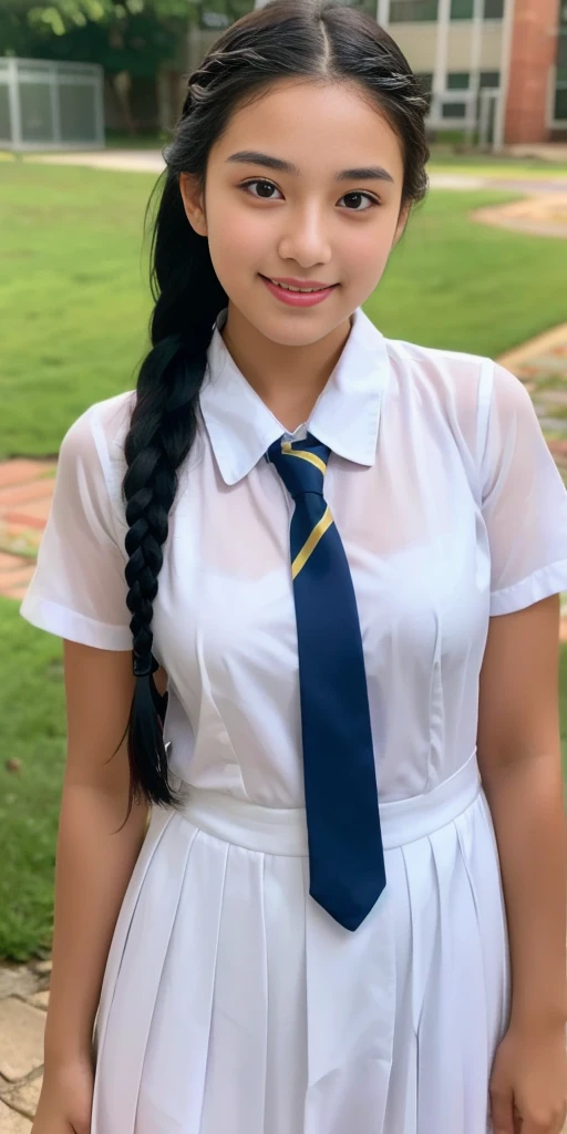 (masterpiece, 8k, best quality:1.2), in the river, outdoor, 1girl, 20 yo school girl,  smile, looking at viewer, white frock and color tie, soaked, wet hair, translucent, glistening with oil, drenched, bright sunshine, soaked heavy clothes, playful, black braided hair, short bob