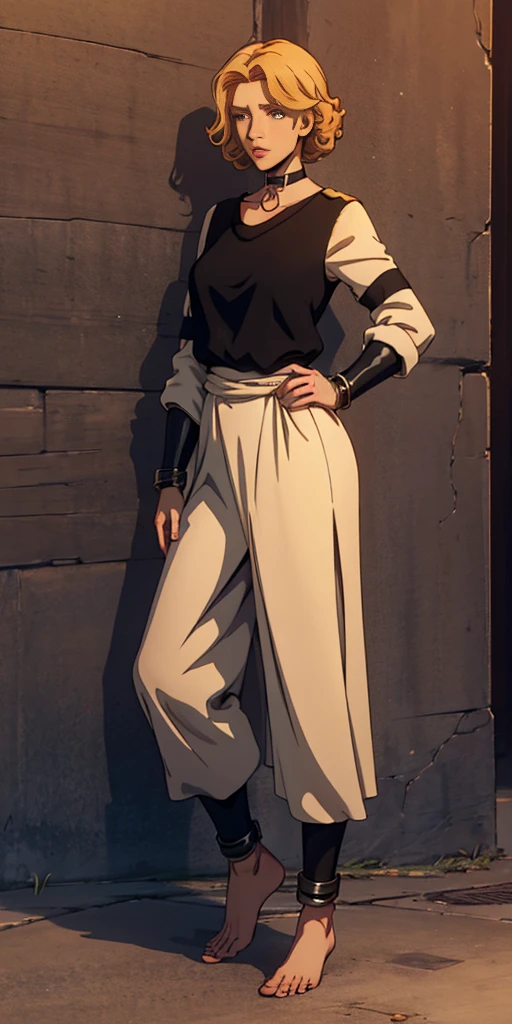 (for rest:face:lora)(long curly blonde hair) whole body, barefoot, Alone, female, big chest, linen tunic, fantasy town, armor, Handcuffs on hands with a collar around the neck, hands on the hips, slave ((black choker, leg and arm shackles))