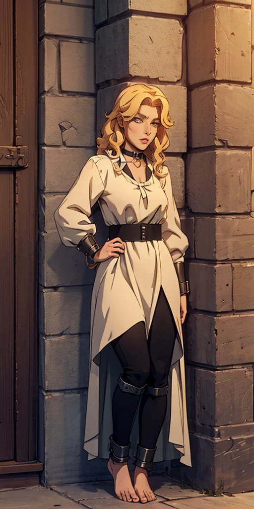 (for rest:face:lora)(long curly blonde hair) whole body, barefoot, Alone, female, big chest, linen tunic, fantasy town, armor, Handcuffs on hands with a collar around the neck, hands on the hips, slave ((black choker, leg and arm shackles))