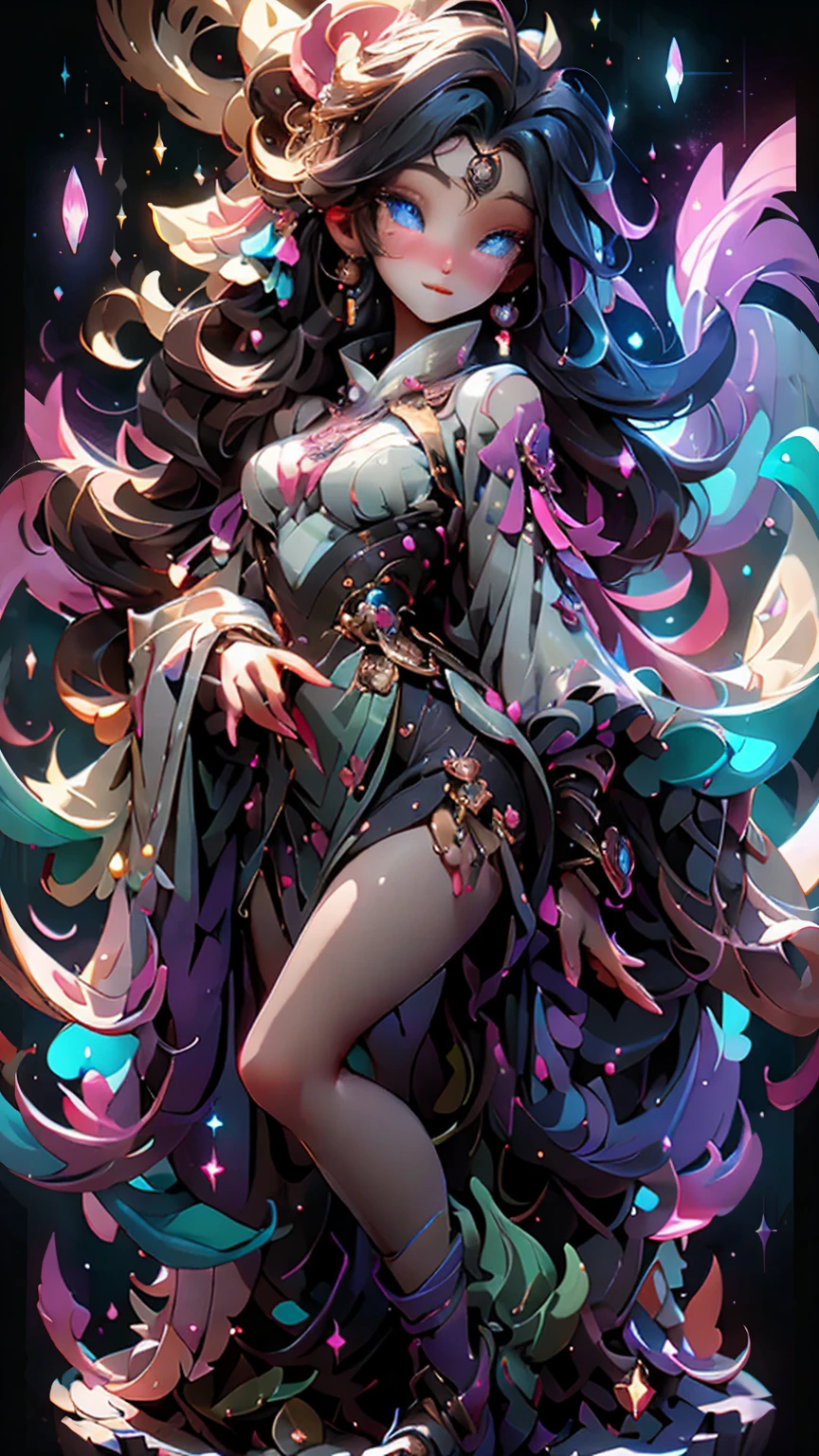 An ultra-realistic and ultra-detailed, Extra- Vibrant, (Legendary Vivid Neon Multicolored Psychedelic Masterpiece), ((full body portrait)), Running, (Dynamic Angle), best quality, (Angled View), 1girl, She is a Gorgeous Magical Alchemist, a very noble Caucasian lady, ringed silver eyes, Calm, half closed eyes, thin body, slim waist, small breasts, (bare legs), Awesome Black Hair, a confident smile, ((HOLDING A GORGEOUS COLORFUL RAINBOWLUMINESCENT GALAXY IN HER HANDS)), Celestial Star Map, highly detailed expensive wizard's skirt, Running, beautiful, dramatic, backlighting, night, midnight, (Multitude Of Stars), beautiful fantastic night view, (ultra-detailed, finely detailed beautiful eyes and face), high resolution, 8k UHD, perfect anatomy, perfect fingers, Highly detailed scenery, Highly detailed background, perspective, depth of field, atmospheric