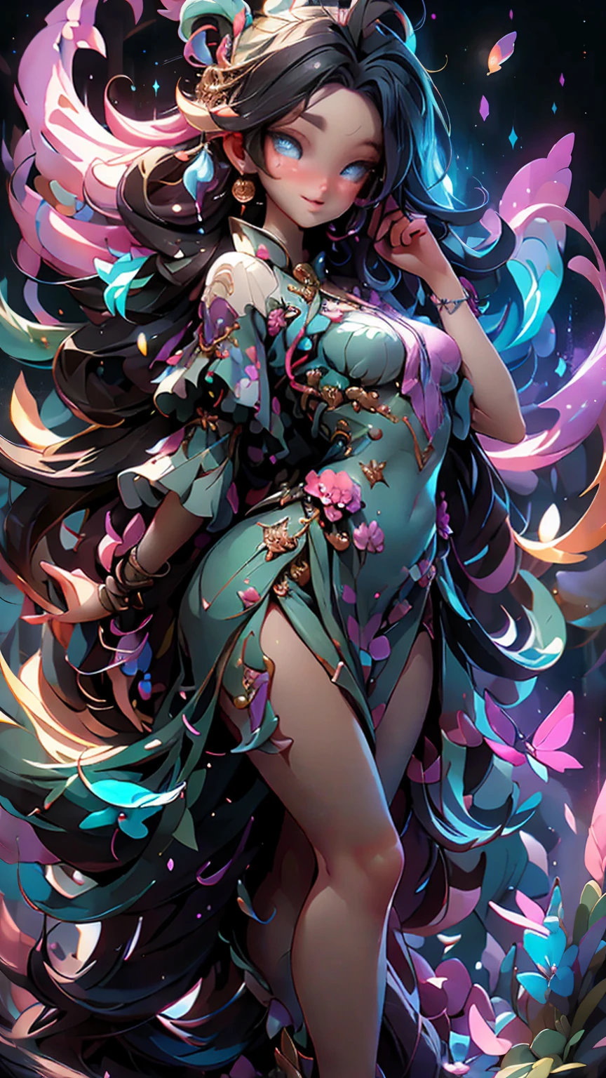 An ultra-realistic and ultra-detailed, Extra- Vibrant, (Legendary Vivid Neon Multicolored Psychedelic Masterpiece), ((full body portrait)), Running, (Dynamic Angle), best quality, (Angled View), 1girl, She is a Gorgeous Magical Alchemist, a very noble Caucasian lady, ringed silver eyes, Calm, half closed eyes, thin body, slim waist, small breasts, (bare legs), Awesome Black Hair, a confident smile, ((HOLDING A GORGEOUS COLORFUL RAINBOWLUMINESCENT GALAXY IN HER HANDS)), Celestial Star Map, highly detailed expensive wizard's skirt, Running, beautiful, dramatic, backlighting, night, midnight, (Multitude Of Stars), beautiful fantastic night view, (ultra-detailed, finely detailed beautiful eyes and face), high resolution, 8k UHD, perfect anatomy, perfect fingers, Highly detailed scenery, Highly detailed background, perspective, depth of field, atmospheric