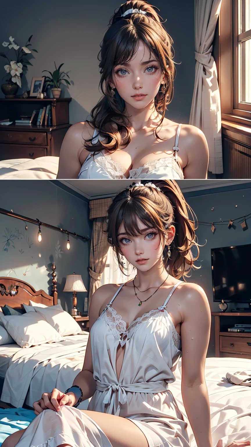 An absurd solution, High resolution, (masterpiece: 1.4), Very detailed, (((Detailed face, Detailed Expression)), Two Girls, Girl and Girl, friend, best friend, Classmate, relax, ponytail, Bob, sitting on bed, Sitting on the floor, Two people having a conversation, Room Background, friend, Relatives and friends, Home, 1k, Small room, curtain, bed, tv set, machine, Loungewear, Kyoto Animation, Kyoto Animationの雰囲気, (Tears in my eyes)、White summer dress decorated with lace、Brown Hair、