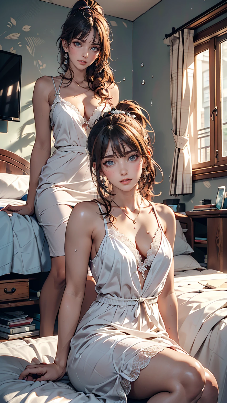 An absurd solution, High resolution, (masterpiece: 1.4), Very detailed, (((Detailed face, Detailed Expression)), Two Girls, Girl and Girl, friend, best friend, Classmate, relax, ponytail, Bob, sitting on bed, Sitting on the floor, Two people having a conversation, Room Background, friend, Relatives and friends, Home, 1k, Small room, curtain, bed, tv set, machine, Loungewear, Kyoto Animation, Kyoto Animationの雰囲気, (Tears in my eyes)、White summer dress decorated with lace、Brown Hair、