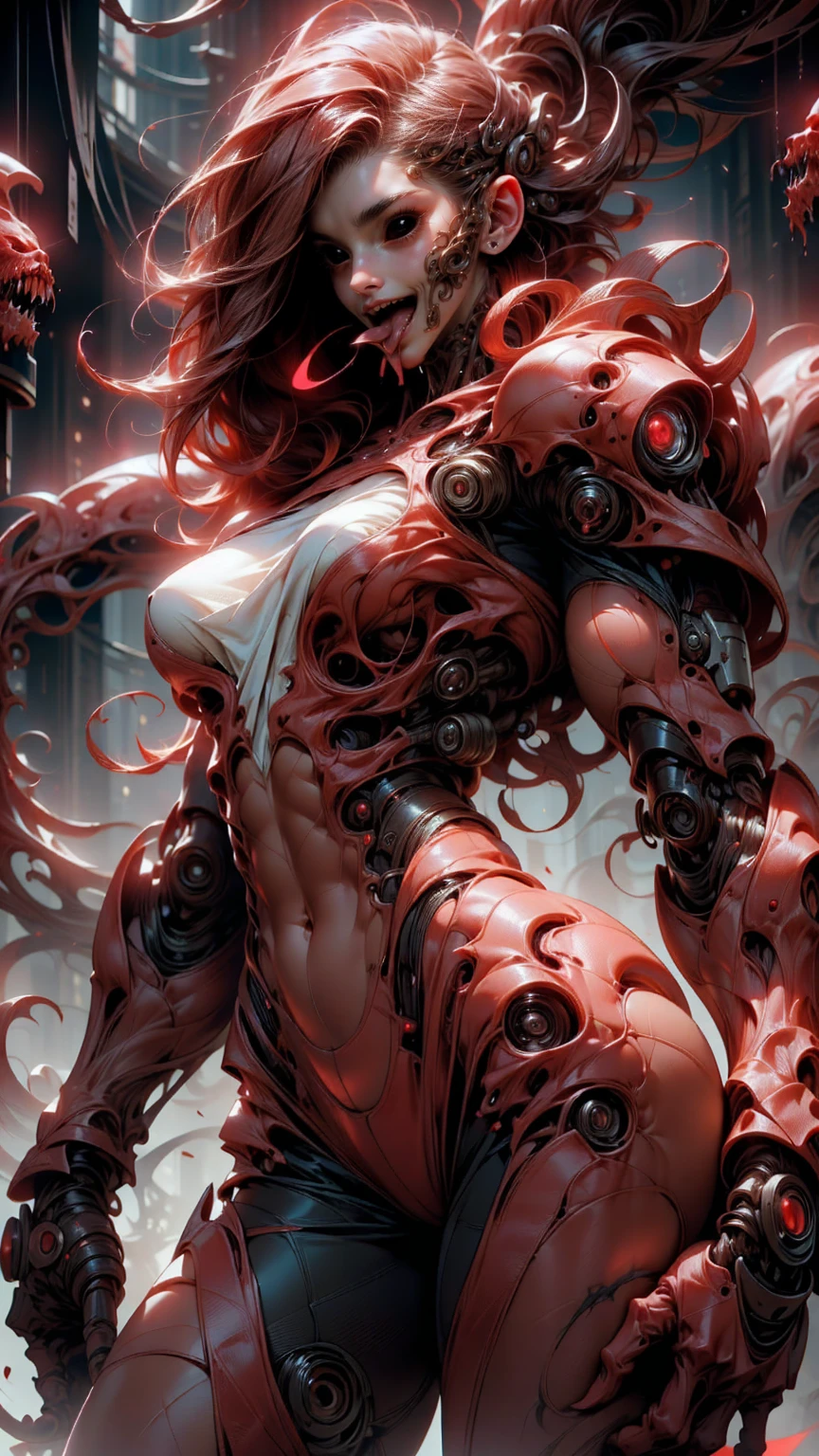 (beautiful girl face:1.45), megan fox as a beautiful vampiric girl with a muscular red carnage body, (mouth wide open with tongue out:1.25), (red carnage anatomic muscular bio-mecha muscle suit:1.25), (body totally covered in muscles, veins, tendons), (perfect muscular anatomy), (fake large breasts:1.25), (slim waist:1.25), (long hair:1.25), (perfect hands:1.25)
