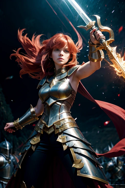 young lady knight, powerful aura, unleashing a slash, dynamic pose, glowing energy, intense expression, detailed armor, fantasy setting, battle scene, vibrant colors, magic, flowing hair, epic, fierce, shining sword, action, dramatic lighting, high contrast, sparks, mystical, warrior, heroic, ethereal, enchanted, strong, determined, anime style, intricate design, motion blur, radiant, fierce battle, medieval fantasy, power, dramatic, swirling energy