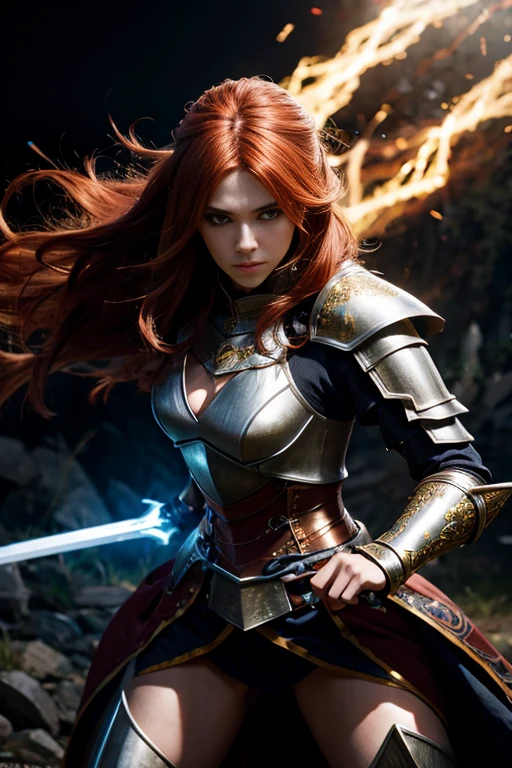 young lady knight, powerful aura, unleashing a slash, dynamic pose, glowing energy, intense expression, detailed armor, fantasy setting, battle scene, vibrant colors, magic, flowing hair, epic, fierce, shining sword, action, dramatic lighting, high contrast, sparks, mystical, warrior, heroic, ethereal, enchanted, strong, determined, anime style, intricate design, motion blur, radiant, fierce battle, medieval fantasy, power, dramatic, swirling energy