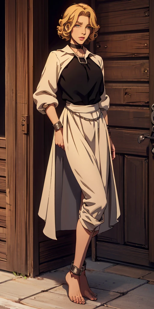 (for rest:face:lora)(long curly blonde hair) whole body, barefoot, Alone, female, big chest, linen tunic, fantasy town, armor, Handcuffs on hands with a collar around the neck, hands on the hips, slave ((black choker, leg and arm shackles))