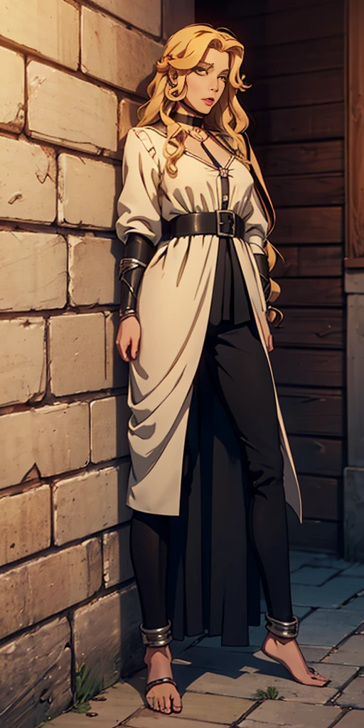 (for rest:face:lora)(long curly blonde hair) whole body, barefoot, Alone, female, big chest, linen tunic, fantasy town, armor, Handcuffs on hands with a collar around the neck, hands on the hips, slave ((black choker, leg and arm shackles))