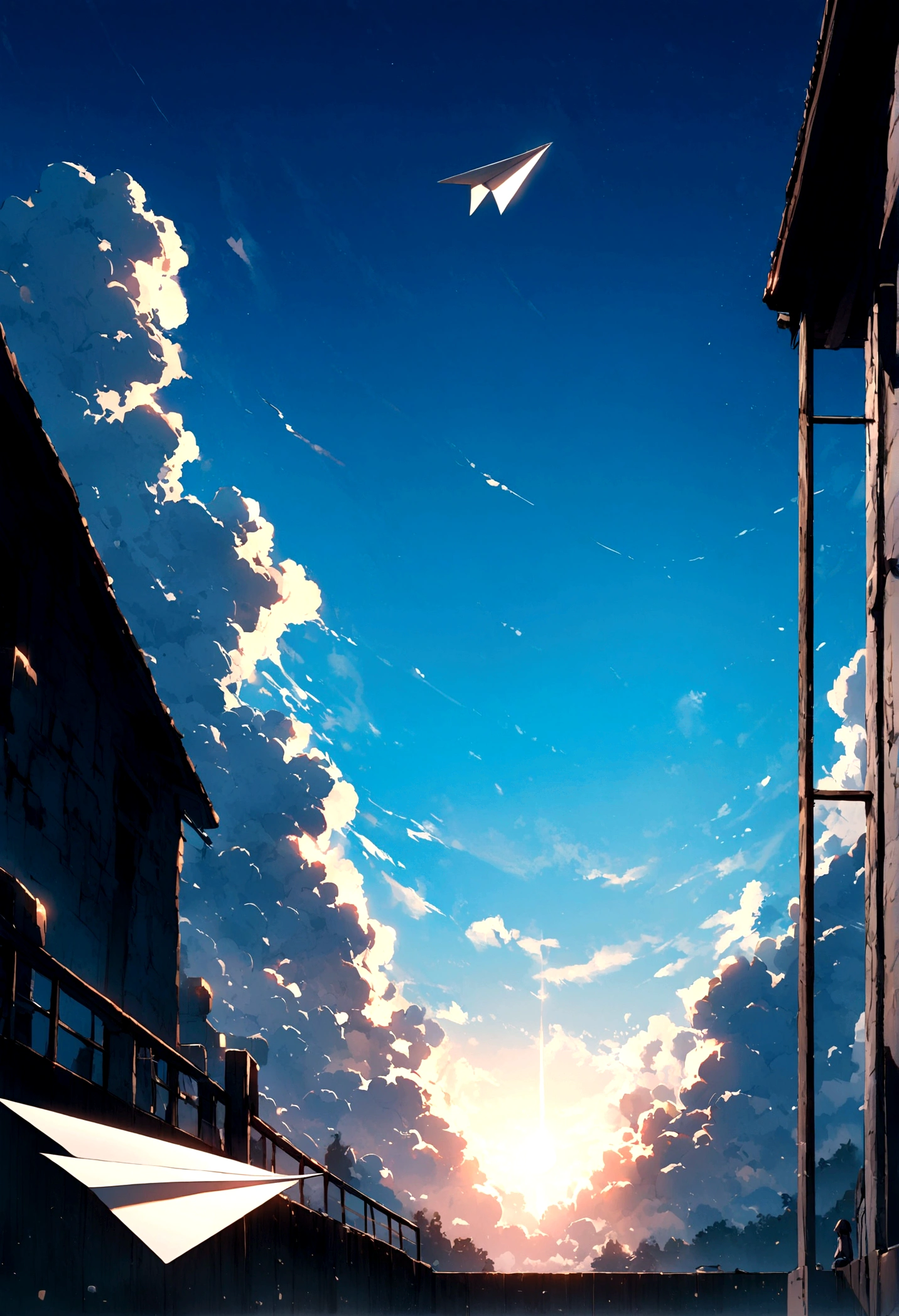 A paper plane flies through the blue sky