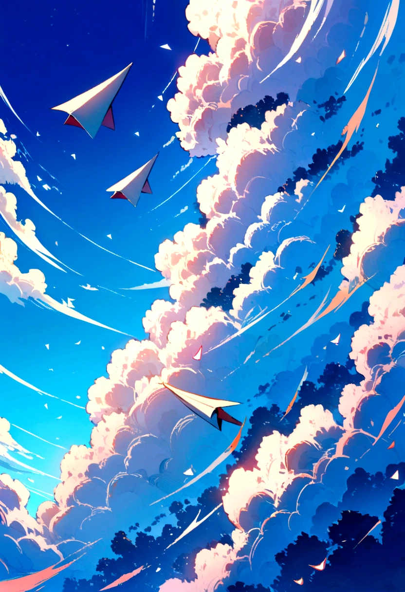 A paper plane flies through the blue sky