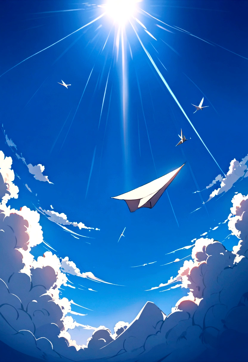 A paper plane flies through the blue sky