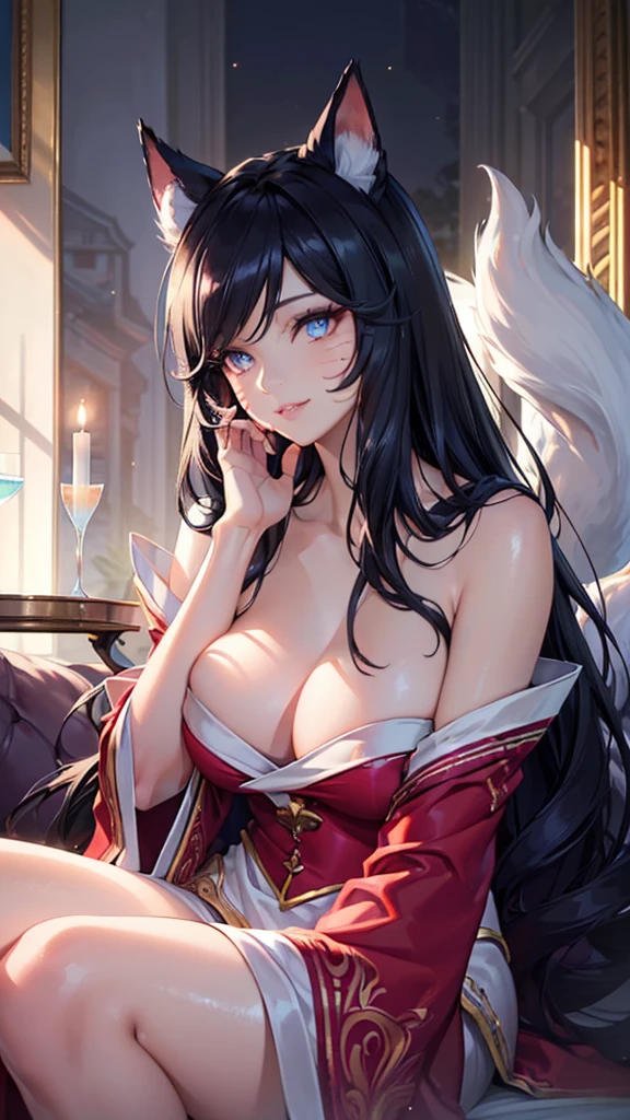 (best quality,ultra-detailed,realistic:1.37),Ahri,spa,luxurious,relaxing atmosphere,beautiful detailed eyes,beautiful detailed lips,smiling,bathrobe,sitting upright,black hair,nine white tails,peaceful background,portraits,vivid colors,soft lighting,tranquil ambiance