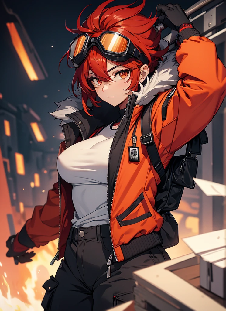 best quality, ultra-high resolution, depth of field:1.2), solo, adult, 1woman, toned body, big breasts, wide hips,front view, perfect face, portrait, expressive eyes, Female, girl with (goggles on head:1.2) female, meduim breasts,lady_nagant, short hair, red hair,orange eyes,red jacket with black details, ( white fur jacket: 1.2),winter clothes, white t-shirt, ((gray baggy cargo pants)), black military boots ((small details in red))