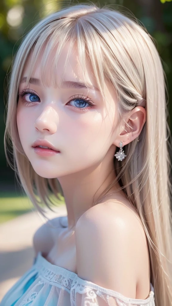 ((sfw: 1.4)), (( detailed face, cute face, detailed face, professional photography)), ((from side)), (( off-the-shoulder top)), (( Shiny platinum blonde silk hair, beautiful shiny bangs, big clear sky blue eyes, very beautiful bright eye highlights, earrings, 1 Girl)), Ultra High Resolution, (Realistic: 1.4), RAW Photo, Best Quality, (Photorealistic Stick), Focus, Soft Light, ((************)), (( (young face))), (surface), (depth of field), masterpiece, (realistic), woman, bangs, ((1 girl))